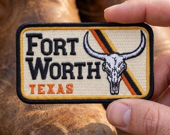 Fort Worth Texas Embroidered Patch, Vintage Longhorn Skull Iron On Applique, Retro 70s Western Souvenir Badge for Jackets & Backpacks