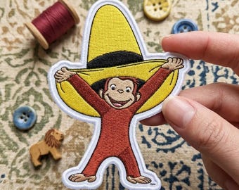 Curious George Patch, Monkey in Big Yellow Hat Embroidered Iron On Applique, Cute Cartoon Kids Badge for Backpack Denim Jacket