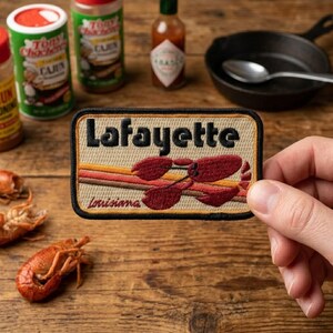 Lafayette Louisiana Crawfish Patch, Vintage Retro Stripe Embroidered Iron On Applique, Cajun Travel Souvenir Badge for Backpack