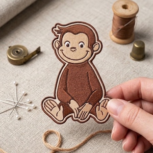 Curious George Monkey Embroidered Patch, Cute Sitting Cartoon Iron On, Nostalgic Kids Sew On Applique for Backpack Denim Jacket