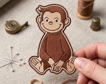 Curious George Monkey Embroidered Patch, Cute Sitting Cartoon Iron On, Nostalgic Kids Sew On Applique for Backpack Denim Jacket