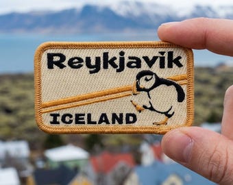 Reykjavik Iceland Embroidered Patch, Vintage Puffin Iron On Applique, Retro Travel Souvenir Badge for Jackets and Backpacks