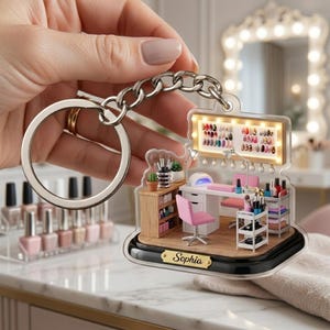 Custom Name Nail Salon Keychain, Miniature Nail Tech Keyring, Manicurist Gift, Acrylic Studio Bag Charm, Cute Miniature Book Nook Charm