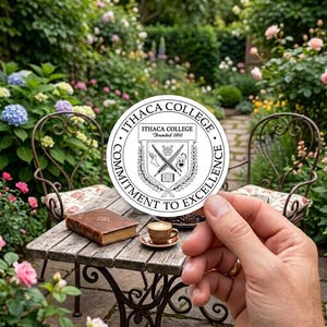 May include: A round white sticker with the words "ITHACA COLLEGE" and "COMMITMENT TO EXCELLENCE" encircling a crest. The sticker is held in front of a small wooden table with a book and coffee cup, set in a garden.