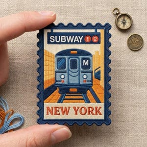 May include: A rectangular embroidered patch shaped like a postage stamp featuring a blue subway train on tracks. The design includes the text SUBWAY with red circles containing the numbers 1 and 2, and the text NEW YORK in orange at the bottom.