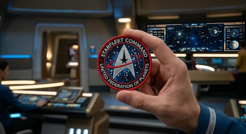 以下が含まれることがあります： Starfleet Command United Federation of Planetsのロゴが入った円形の刺繍ワッペン。青い宇宙の背景に星が散りばめられ、白いデルタのエンブレムと黒い星が描かれています。周囲は赤い縁取りで、白い文字が記されています。