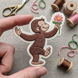 Cute Monkey Patch, Curious Cartoon Monkey Iron On, Pink Flower Embroidered Sew On Applique for Kids Backpack Denim Jacket