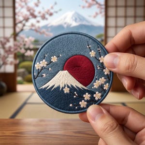 May include: A circular embroidered patch featuring a dark blue background with a white mountain peak, a large solid red circle representing the sun, and delicate white cherry blossom branches extending across the surface of the fabric.