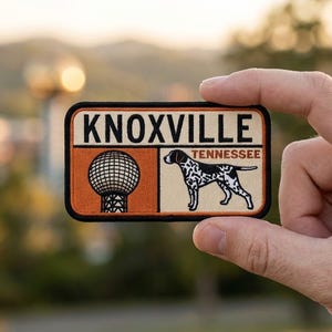 Knoxville Tennessee Patch, Embroidered Sunsphere Tower Badge, Iron On Coonhound Dog Travel Souvenir, Vintage TN Emblem for Jacket Backpack