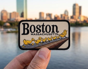 Boston Massachusetts Patch, Make Way for Ducklings Embroidered Badge, Cute Yellow Duck Iron On Travel Souvenir, MA Emblem Jacket Backpack
