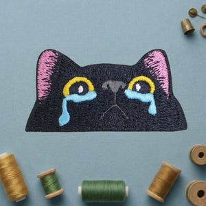 Crying Black Cat Face Patch, Funny Sad Kitten Embroidered Iron On Badge, Sarcastic Animal Meme Decor for Jackets Backpacks Hats