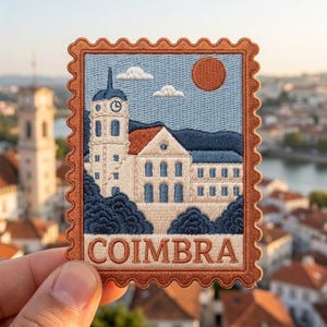 May include: A rectangular embroidered patch with a scalloped border featuring a depiction of a building with a clock tower, a red sun, and clouds against a blue sky. The word COIMBRA is stitched in brown at the bottom of the patch.
