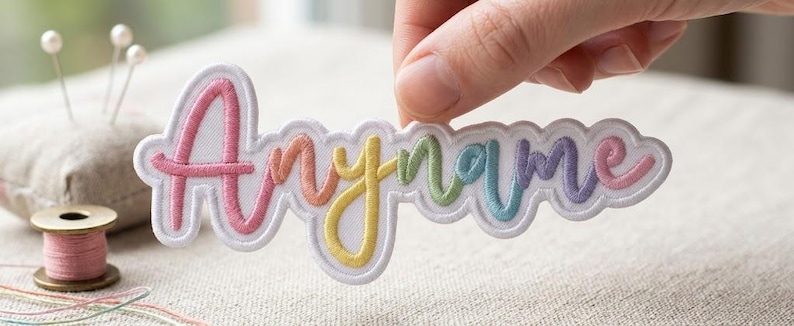 Op de afbeelding: Een op maat gemaakte geborduurde patch met het woord Anyname in een cursief lettertype met een regenboogverloop van roze, oranje, gele, groene, blauwe en paarse draad op een witte achtergrond met een geschulpte witte rand.