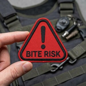 Bite Risk Warning Sign Embroidered Iron On Patch, Red Triangle Caution Applique for Dog Vest, Pet Harness, Funny Tactical Gear