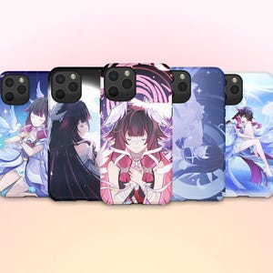 May include: Five phone cases with anime-style illustrations. The cases feature different characters in various poses and color schemes, including blue, pink, and purple. Each case has a black camera module.
