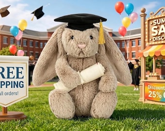 Jellycat Bashful Beige Bunny Graduation Plush Toy with Dust-Proof Bag