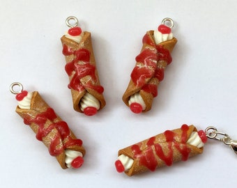 Polymer Clay Charm - Cherry Cannoli Dessert Charm Caramel Miniature Food Jewelry bracelets, bags, planner Jewellery, key ring charm