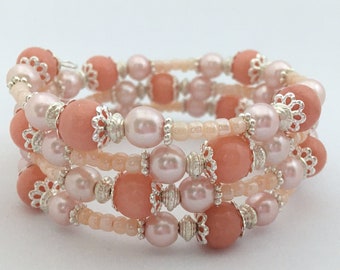 Memory Bracelet - Pastel Peach, Salmon & Baby Pink Wire Wrap Bracelet Gift Idea, Women's Gift, Girl's Gift, Beaded Bracelet