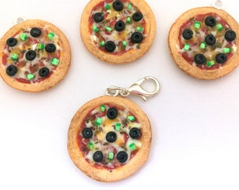 Pizza Polymer Clay Charm - Veggie Vegan Pizza with Olives & Green Pepper Miniature Food Jewelry UK made
