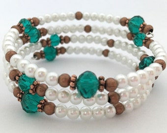 Memory Bracelet - Emerald Green,  Copper & White Wire Wrap Bracelet Gift Idea, Women's Gift, Girl's Gift, Beaded Bracelet Boho