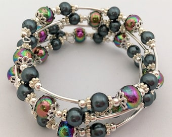 Memory Bracelet - Steel Grey & Dark Rainbow AB Wire Wrap Bracelet Gift Idea, Women's Gift, Girl's Gift, Beaded Bracelet