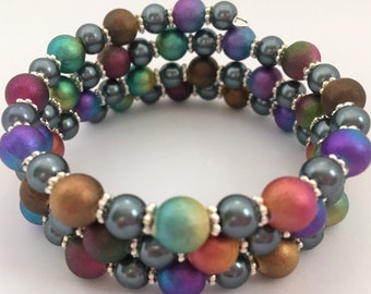 Memory Bracelet - Metallic Rainbow Wrap Bracelet Beaded Bracelet Gift Idea, Women's Gift, Girl's Gift, Beaded Bracelet Chunky Boho Pearl