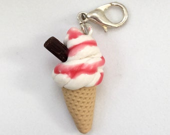 Polymer Clay Charm - 99 Vanilla Ice cream with Strawberry Sauce & Flake Soft Serve Mr Whippy Ice Cream Miniature Food Jewelry Jewellery