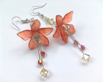 Hand Painted Lucite Earrings - Tangerine Orange & Red Boho dangle earrings, flower earrings, floral earrings vintage style #3