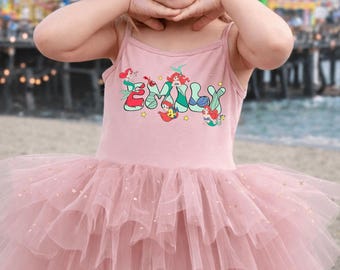 Tutú de Ariel con nombre personalizado, tutú de leotardo, vestido de princesa, vestido del castillo de Cenicienta, vestido, tutú, tutú de princesa Disney, tutú Disney, ballet