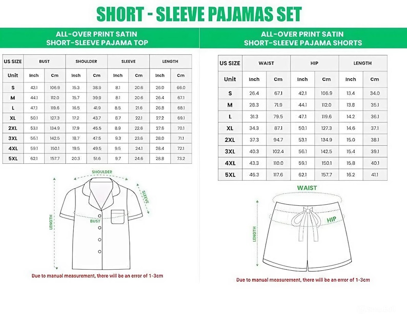 Pode incluir: Tabela de tamanhos para um conjunto de pijama de manga curta, com medidas para a parte de cima e cal&ccedil;&otilde;es. A tabela detalha busto, ombro, manga e comprimento em polegadas e cm. O pijama &eacute; de cetim com estampa total.