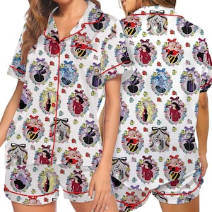 Conjunto de pijama de cetim dos vilões da Disney, camisa e shorts da Rainha Má Malévola e Jafar, pijama com estampa de desenho animado por toda a peça, presente para fãs dos vilões da Disney imagem 6