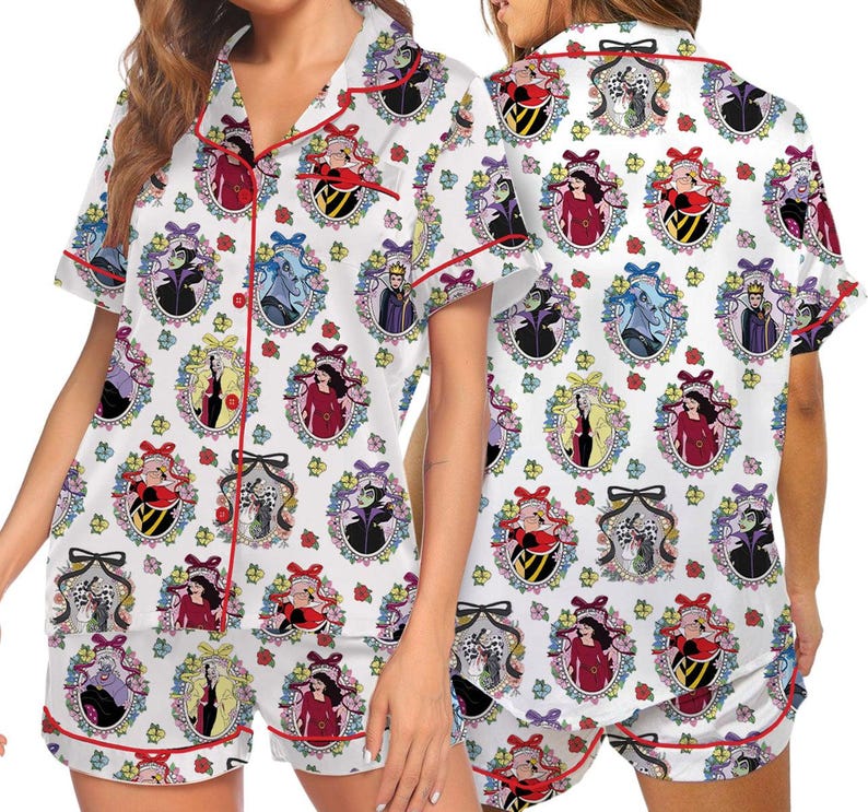Conjunto de pijama de cetim dos vilões da Disney, camisa e shorts da Rainha Má Malévola e Jafar, pijama com estampa de desenho animado por toda a peça, presente para fãs dos vilões da Disney imagem 6