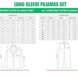 Pode incluir: Tabela de tamanhos detalhada para um conjunto de pijama de manga comprida, incluindo medidas para a camisa e as cal&ccedil;as. A tabela fornece dimens&otilde;es em polegadas e cent&iacute;metros para v&aacute;rios tamanhos, como comprimento, busto, cintura e anca. O texto no topo diz "LONG-SLEEVE PAJAMAS SET".
