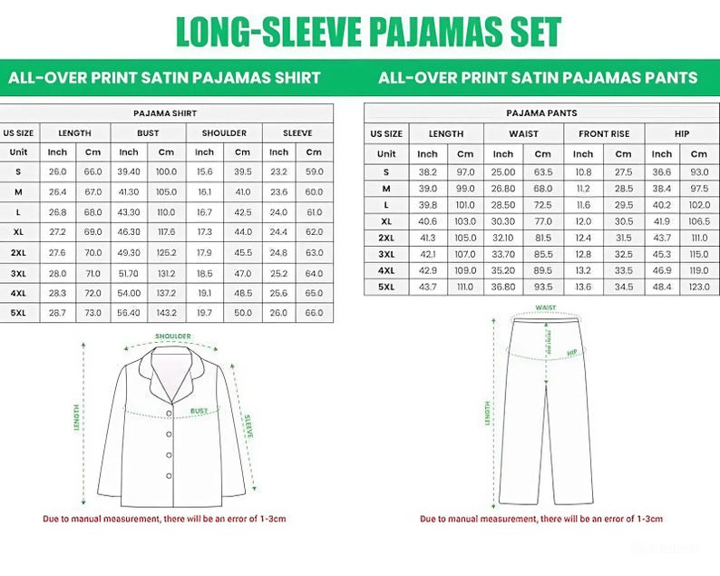 Pode incluir: Tabela de tamanhos detalhada para um conjunto de pijama de manga comprida, incluindo medidas para a camisa e as cal&ccedil;as. A tabela fornece dimens&otilde;es em polegadas e cent&iacute;metros para v&aacute;rios tamanhos, como comprimento, busto, cintura e anca. O texto no topo diz "LONG-SLEEVE PAJAMAS SET".