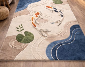 Hand Tufted Koi Fish Wool Rug, Japandi Embossed High Low Pile Carpet