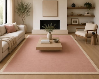 Tappeto in lana rosa cipria trapuntato a mano, tappeto color crema con bordo minimalista, tappeto moderno di lusso