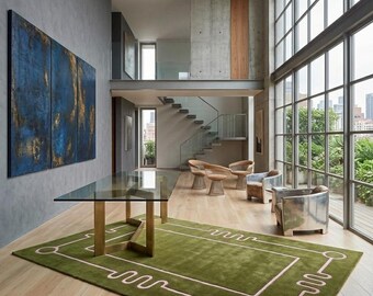 Tappeto in lana verde oliva trapuntato a mano, tappeto moderno geometrico, tappeto contemporaneo di lusso
