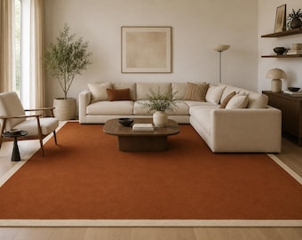 Hand Tufted Orange Rust Wool Rug, Minimalist Border Cream Area Rug, Modern Luxury Carpet