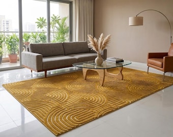 Tappeto in lana color giallo senape trapuntato a mano / Tappeto moderno geometrico / Tappeto contemporaneo per soggiorno