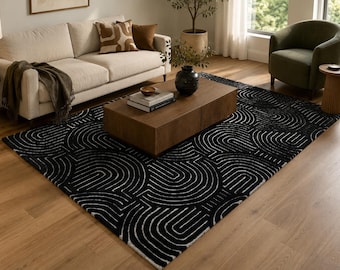 Hand Tufted Black White Rug, Modern Geometric Area Rug, Abstract Wool Carpet