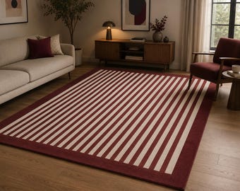 Tappeto in lana a righe bordeaux, lavorato a mano, tappeto moderno rosso beige, tappeto scandinavo contemporaneo