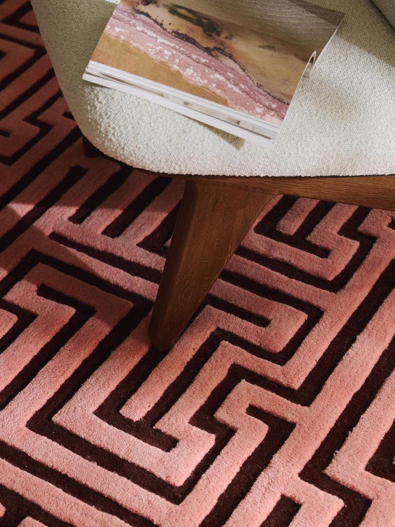 Hand Tufted Pink Wool Geometric Rug, Scandinavian Boho Living Room Carpet image 3