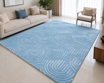 Hand Tufted Sky Blue White Rug, Modern Geometric Area Rug, Abstract Wool Carpet