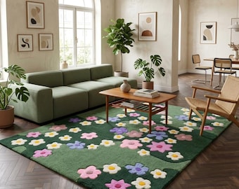 Tappeto floreale in lana trapuntato a mano, tappeto verde con margherite, tappeto floreale in stile cottagecore, tappeto per cameretta bambini