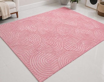Tappeto rosa e bianco trapuntato a mano, tappeto moderno geometrico, tappeto astratto in lana