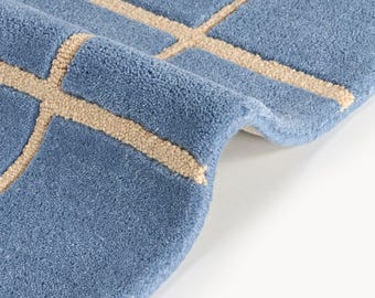 Hand Tufted Blue Grid Rug, Modern Wool Area Rug, Checkered Carpet, Minimalist Living Decor