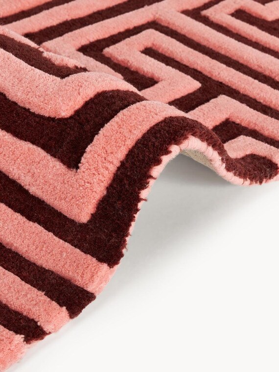 Hand Tufted Pink Wool Geometric Rug, Scandinavian Boho Living Room Carpet