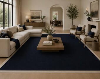 Hand Tufted Navy Blue Wool Rug, Luxury Minimalist Area Rug, Modern Border Carpet