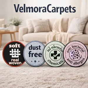 May include: The image showcases a cream-colored carpet with four circular badges. The badges highlight features like "soft," "dust free," "no harmful chemicals," and "anti-bacterial, anti-allergen." The brand name "VelmoraCarpets" is displayed at the top.