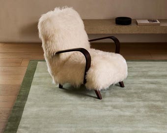 Tappeto in lana verde salvia, tappeto moderno con bordo decorativo, tappeto minimalista trapuntato a mano, tappeto di lusso scandinavo